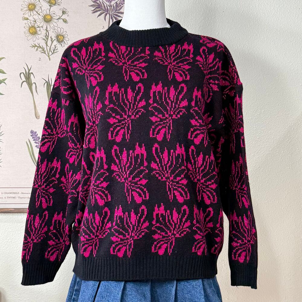 Vintage 80s 90s Pink Metallic Floral Knit Pullover Sweater Retro Kidcore M L
